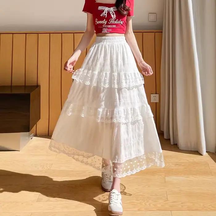Jupe plissée mi-longue et longue en dentelle blanche pour femme, nouvelle collection printemps-été 2