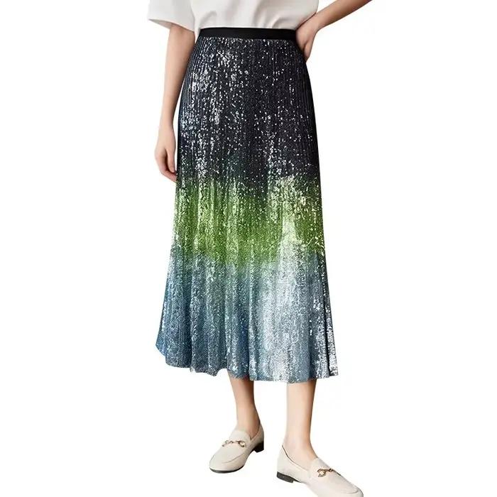 Jupe longue de luxe pour femmes, corps complet, paillettes, couleurs dégradées, taille élastique, li