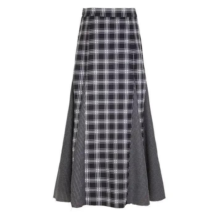 Femmes Plaid jupe longue rétro épissage taille haute jupe Version coréenne mode Plaid décontracté a-