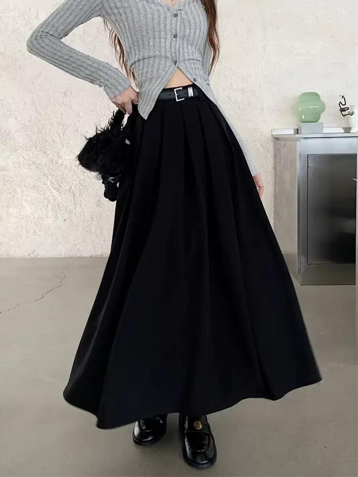 Jupe plissée à taille élastique avec ceinture pour femme, ligne A, longue, noire, maxi, mode coréenn