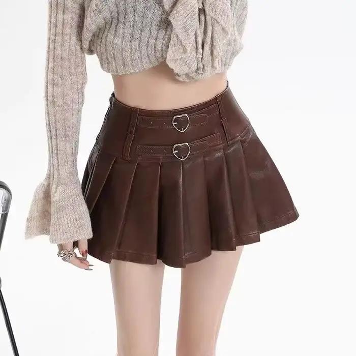 Deeptown Vintage jupe en cuir marron femmes Y2k Sexy gothique plissé Mini jupe noir Punk Grunge rétr