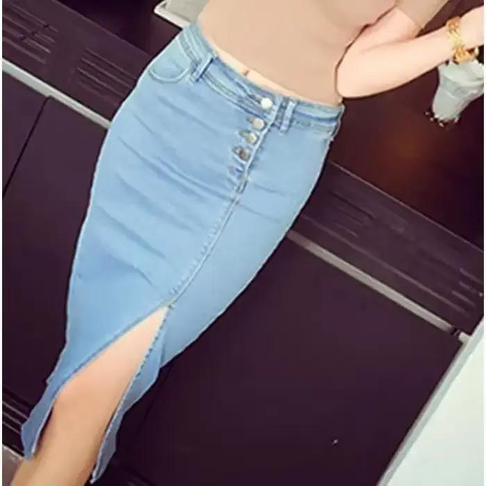 Jupe en jean taille haute avec fente pour femme, jupes en jean, longueur genoux sexy, ligne A, V, po