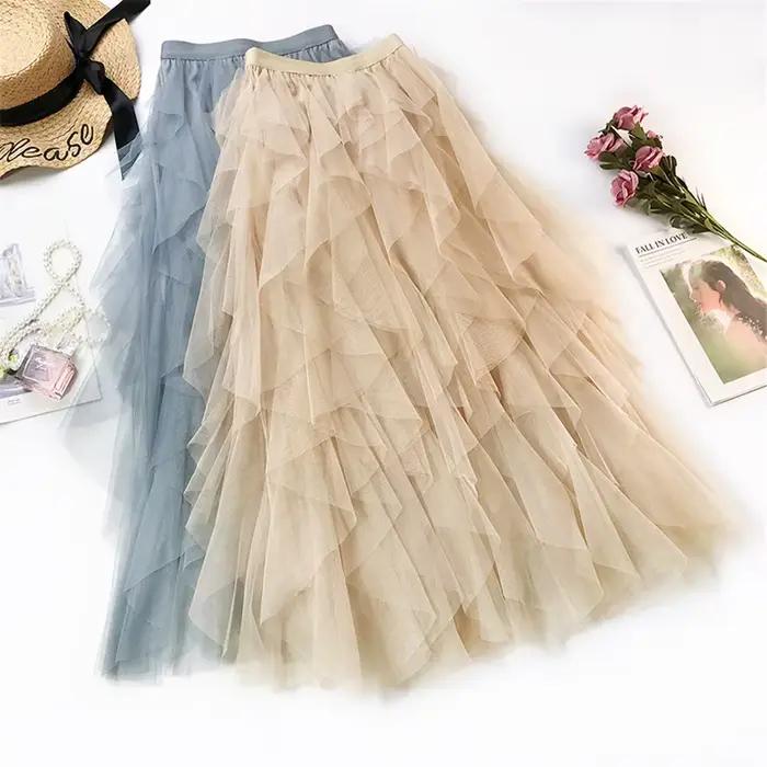 Mode Tutu Tulle jupe femmes longue Maxi jupe 2022 printemps été coréen noir rose taille haute jupe p