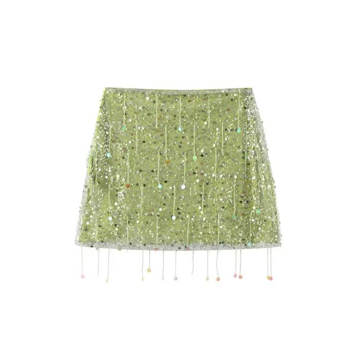 Chic gland paillettes jupe longue irrégulière femmes taille haute a-ligne jupes décontractées 2025 é