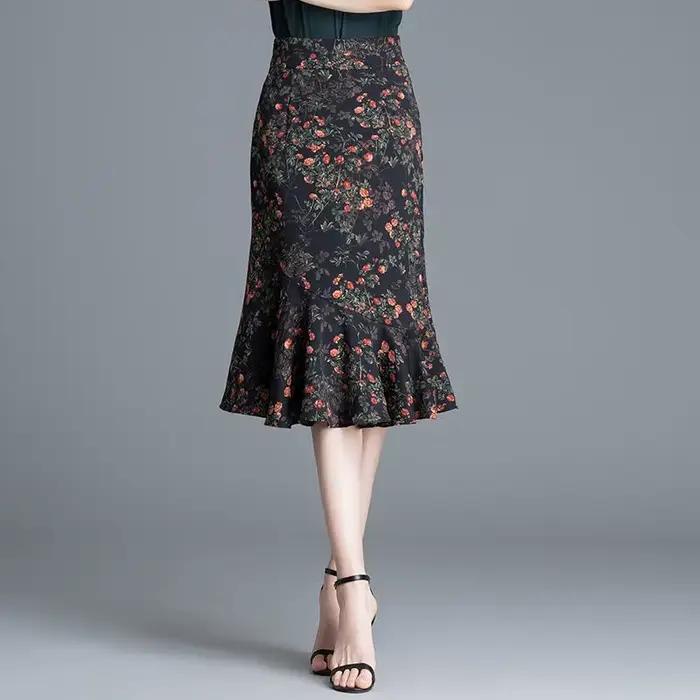 Jupe mi-longue sirène à imprimé floral pour femme, taille haute, ourlet à volants, élégante, décontr