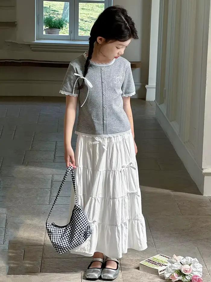 Ensemble haut à manches courtes et jupe pour filles, tenue d'été pour enfants, t-shirt et robe longu