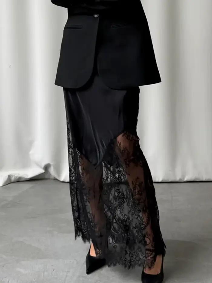 Dentelle Patchwork Satin jupe longue femmes été fermeture éclair taille haute élégant a-ligne Faldas