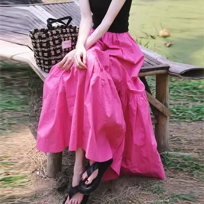 Nicemix Style coréen Rose rouge jupe pour les femmes été français haut de gamme taille haute ample d