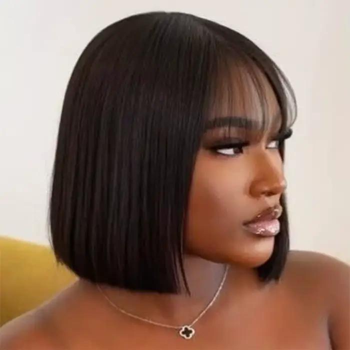 Perruques Bob Courtes Droites 3x1 en Dentelle avec Frange, Perruques Sans Colle en Cheveux Humains L
