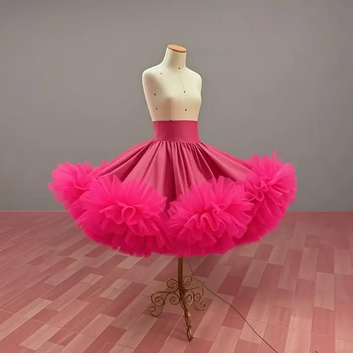 Jupe en Satin Fuchsia longueur genou pour femmes, avec bas à volants, Costumes pour spectacle sur sc