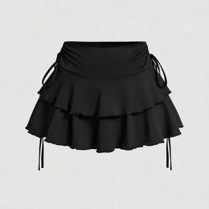 Jupe mini évasée unie à taille haute avec cordon de serrage et détail plissé, idéale pour les tenues