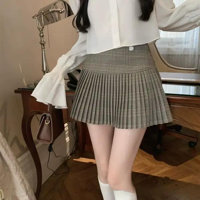 Jupe courte à taille haute à carreaux imprimés, jupe plissée classique vintage pour femmes