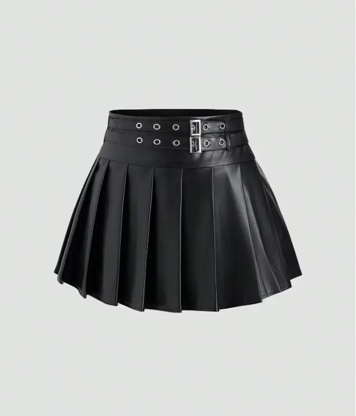 Nouvelle jupe plissée trapèze taille haute en similicuir noir pour femme 2026