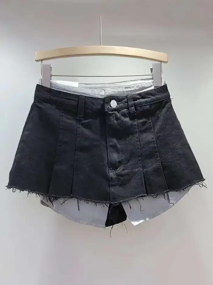 Jupe en jean femme taille haute plissée Patchwork couleur contrastée grandes poches bavures a-ligne