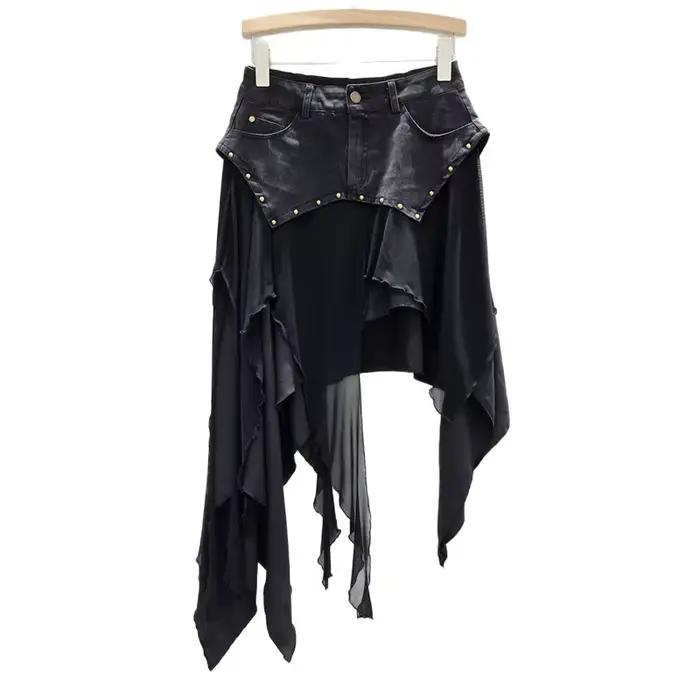 Jupes Femme Asymétriques Sexy à Rivets Volants Patchwork Effet Vieilli Printemps-Été 2026 Streetwear