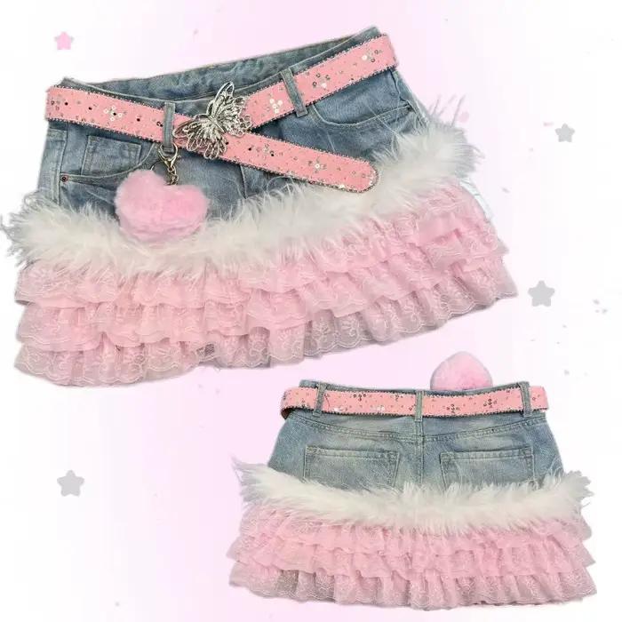 Jupe courte en jean Y2K vintage style Spicy Girls, avec patchwork de dentelle, esthétique gothique,
