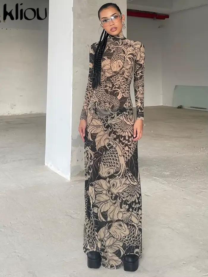 Kliou – Robe Maxi en maille imprimée Vintage pour femmes, Sexy, transparente, manches longues, col m