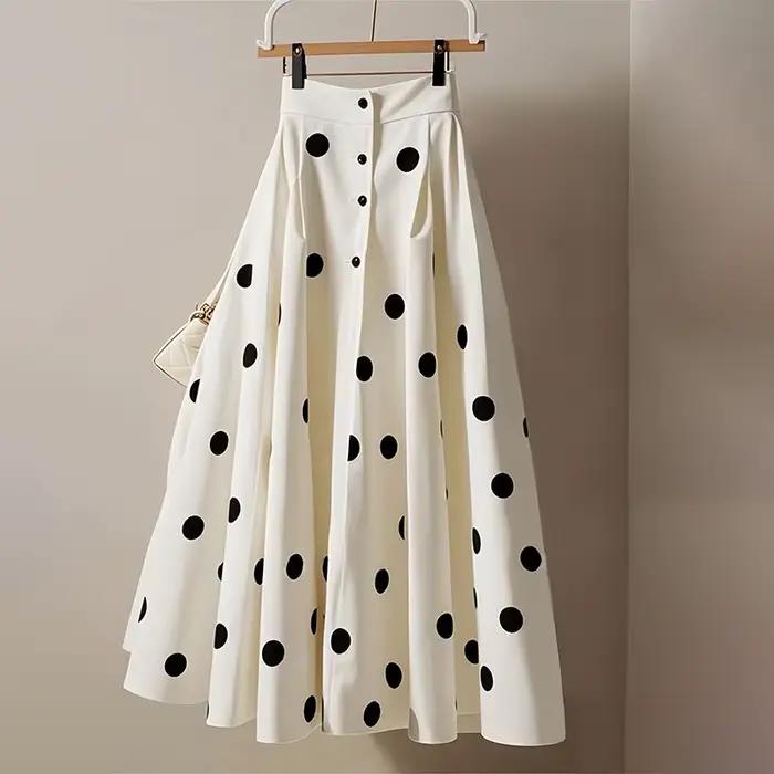 Jupe blanche à pois pour femmes 2025 Faldas Mujer De Moda taille haute a-ligne Jupe Vintage coréen S