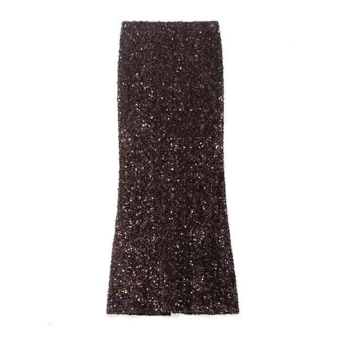 HH tendance femmes mode d'été élégant jupes de fête solide taille haute paillettes décoration fente