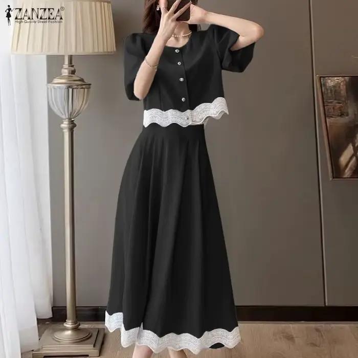 ZANZEA Ensemble de jupe et chemisier à manches bouffantes en dentelle vintage française, jupe mi-lon