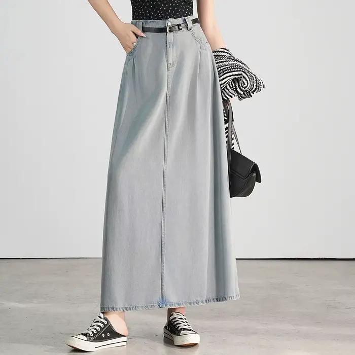 LOUIS YAO jupe longue en Denim délavé 2025 printemps Lyocell tissu demi-longueur robe à la mode tail