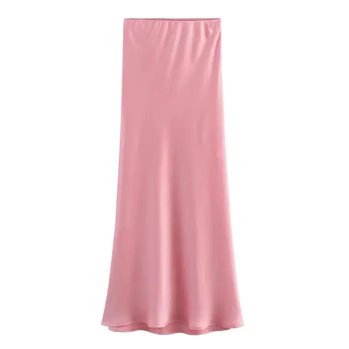 KONDALA Vintage Satin solide jupes longues femmes taille haute élastique soyeux jupes mode 2025 prin