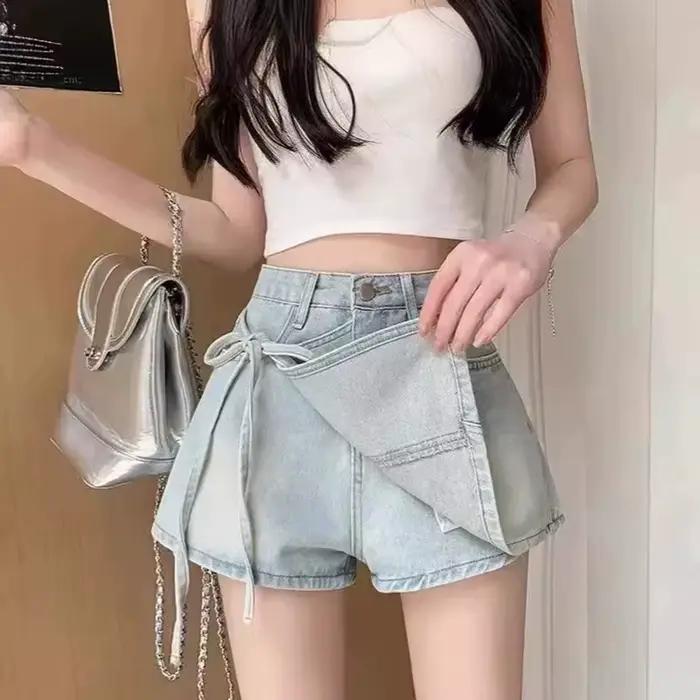 Mode noeud papillon a-ligne Denim jupes femmes coréen asymétrique fendu bleu jupe dames été nouveau