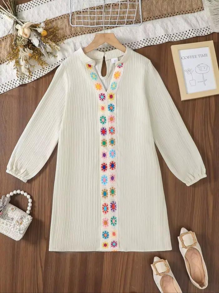 Robe à manches longues pour filles, style ethnique moyen-oriental avec embellissements, ajustée pour