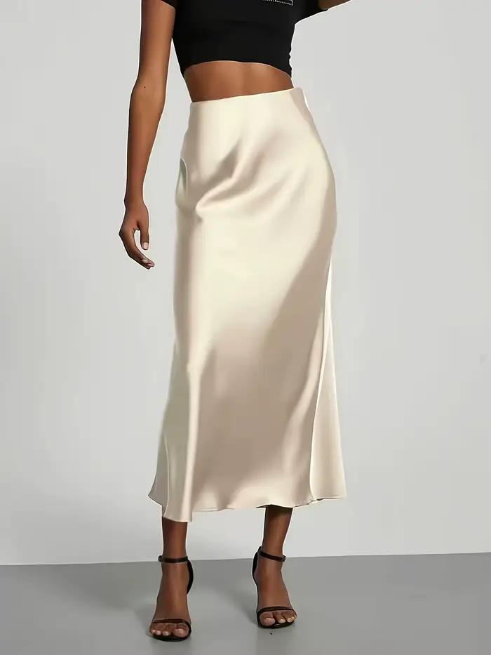 Jupe midi en satin pour femme, taille haute, coupe droite ajustée, drapé élégant, polyvalente et élé