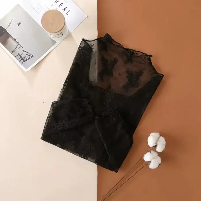 T-shirts en maille pour femmes à manches longues, chemisier transparent en dentelle, haut transparen