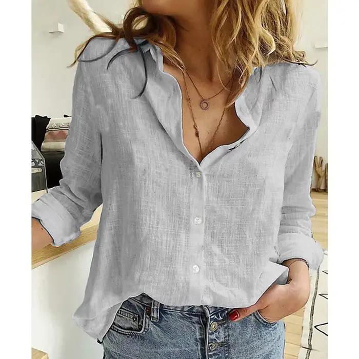 Chemisier ample décontracté en coton pour femme, à manches longues, élégant, uni, avec col à revers
