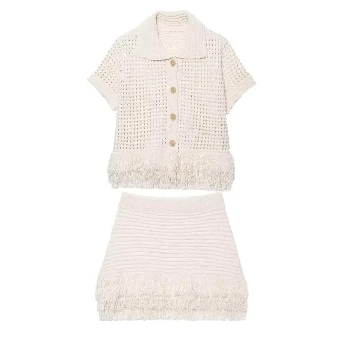 Femmes tricot gland jupe ensembles évider revers demi manches haut + plissé Mini jupes costume 2025
