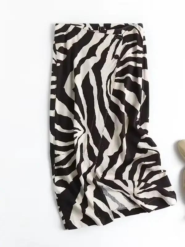 XNWMNZ – jupe fendue en lin mélangé pour femmes, nouvelle mode, motif zèbre, élégante, chic, décontr