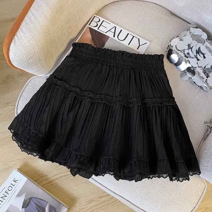 Mode coréenne taille élastique jupes plissées femmes été couleur unie dentelle Mini jupe femme douce