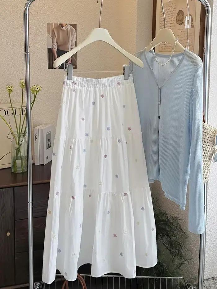 Jupes mi-longues brodées de fleurs douces pour femmes, mode d'été en coton, Patchwork, ligne A, jupe