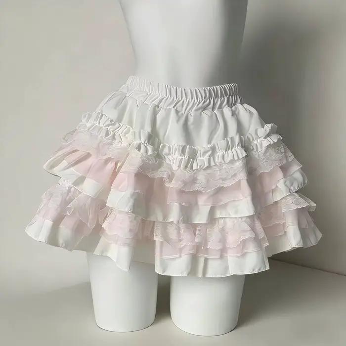 Jupe courte Lolita à volants superposés avec bordure en dentelle, jupe gâteau Kawaii, jupe-short ros