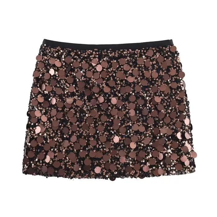 Jupe mini à sequins taille haute pour femme avec de grands détails en paillettes, 4 couleurs, jupe é