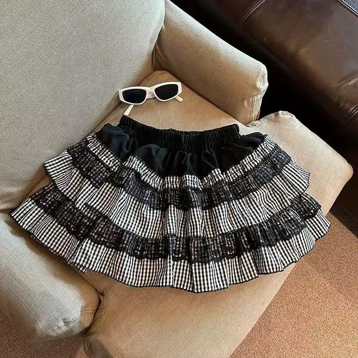 Mini-jupe bouffante à carreaux en dentelle couleur citrouille, style gâteau, taille haute amincissan