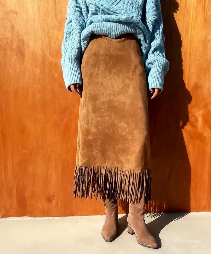 Rétro daim cuir jupe longue automne hiver femmes jupes à franges haute rue minceur solide élégant da