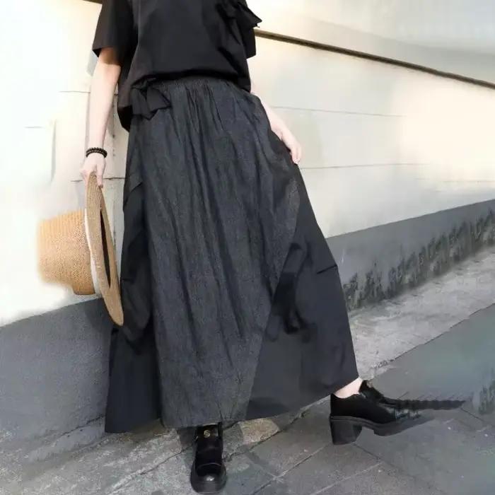 Nouvelle jupe en jean mi-longue pour femme, tendance et polyvalente, style rétro avec blocs de coule