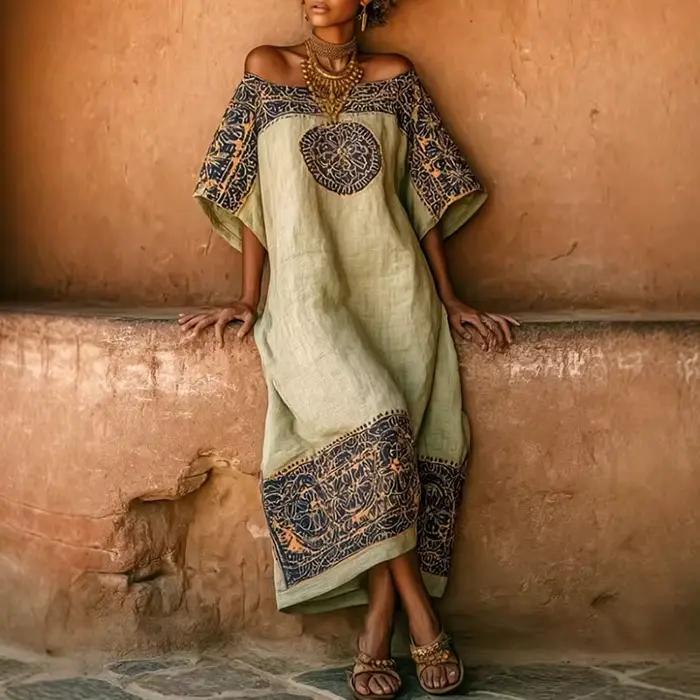 Robe longue ethnique sexy à épaules dénudées et découpes pour femme, imprimé géométrique, poches, co