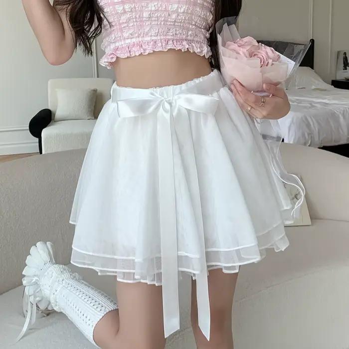 Jupe mi-longue en coton unie à taille haute pour fille, style ballet, avec ruban en maille simple et