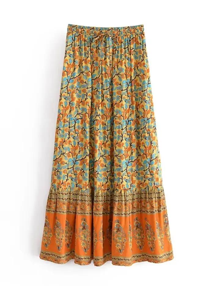 Vintage Chic Hippie femmes jaune imprimé fleuri plage bohème jupe haute taille élastique rayonne cot