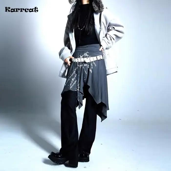 Karrcat Trashy Y2k Jupe imprimée graffiti Vintage Harajuku Jupe irrégulière Grunge Esthétique Jupe g