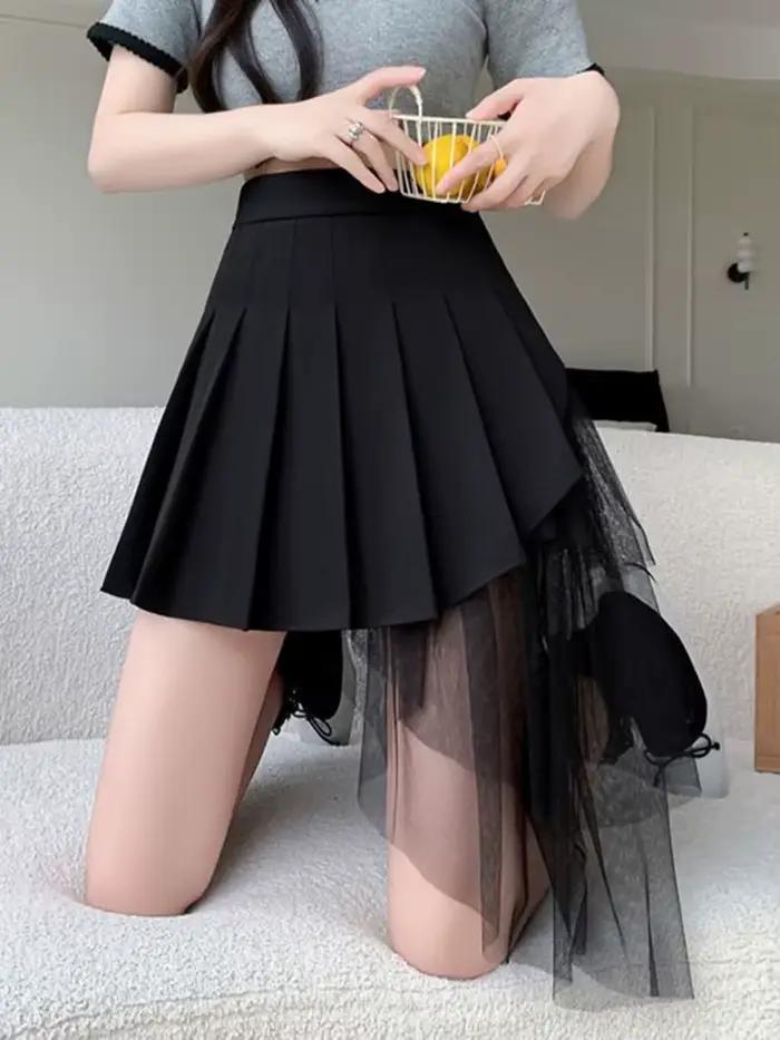 Jupes plissées en patchwork en maille pour femmes, taille haute, mode, mince, sexy, mini-jupe, style