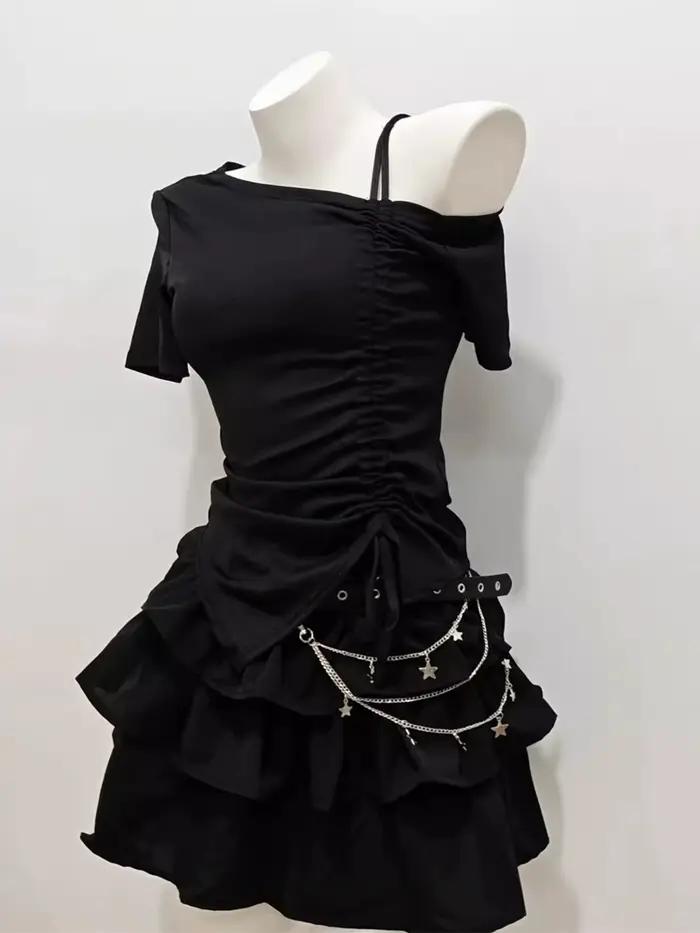Ensemble jupe courte noire et t-shirt à manches courtes avec cordon de serrage pour femme, style été