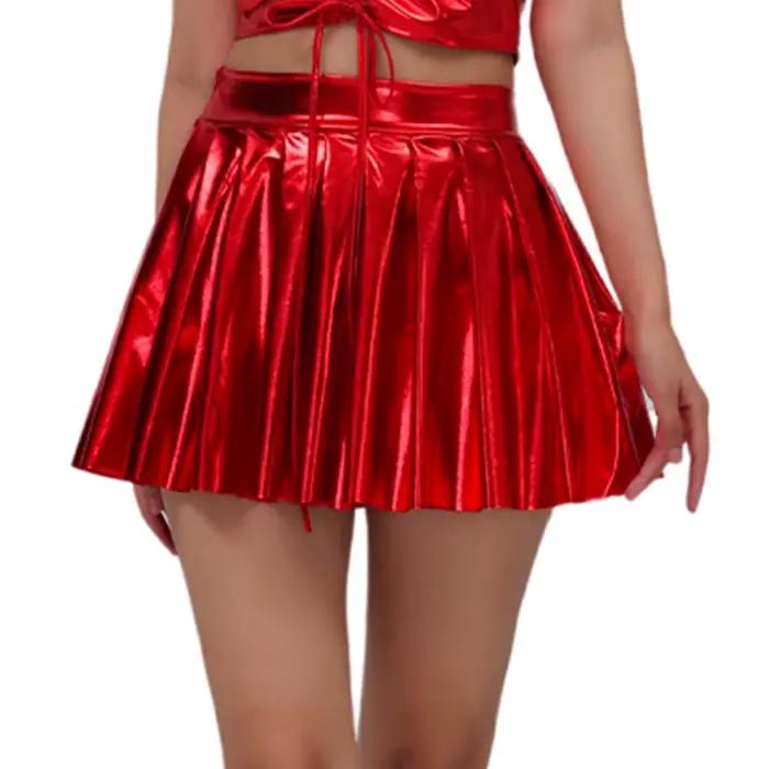 OVIGILY – Mini jupe patineuse plissée évasée brillante pour femmes, jupe métallique à col haut pour