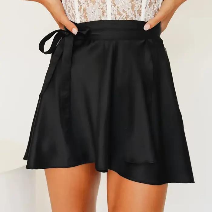 Mini jupe portefeuille en Satin vert pour femmes, à volants, noir, Style Vintage, coréen, soie rose,