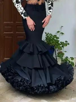 Jupe formelle sirène noire espagnole pour femmes, taille haute, à volants, longue, jupe de soirée, 2