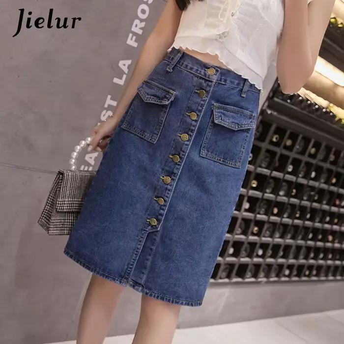 Jielur Taille Haute Denim Jupes lèvent Poches Classique Jeans Jupe pour Femmes S-5XL Taille Mode Cor